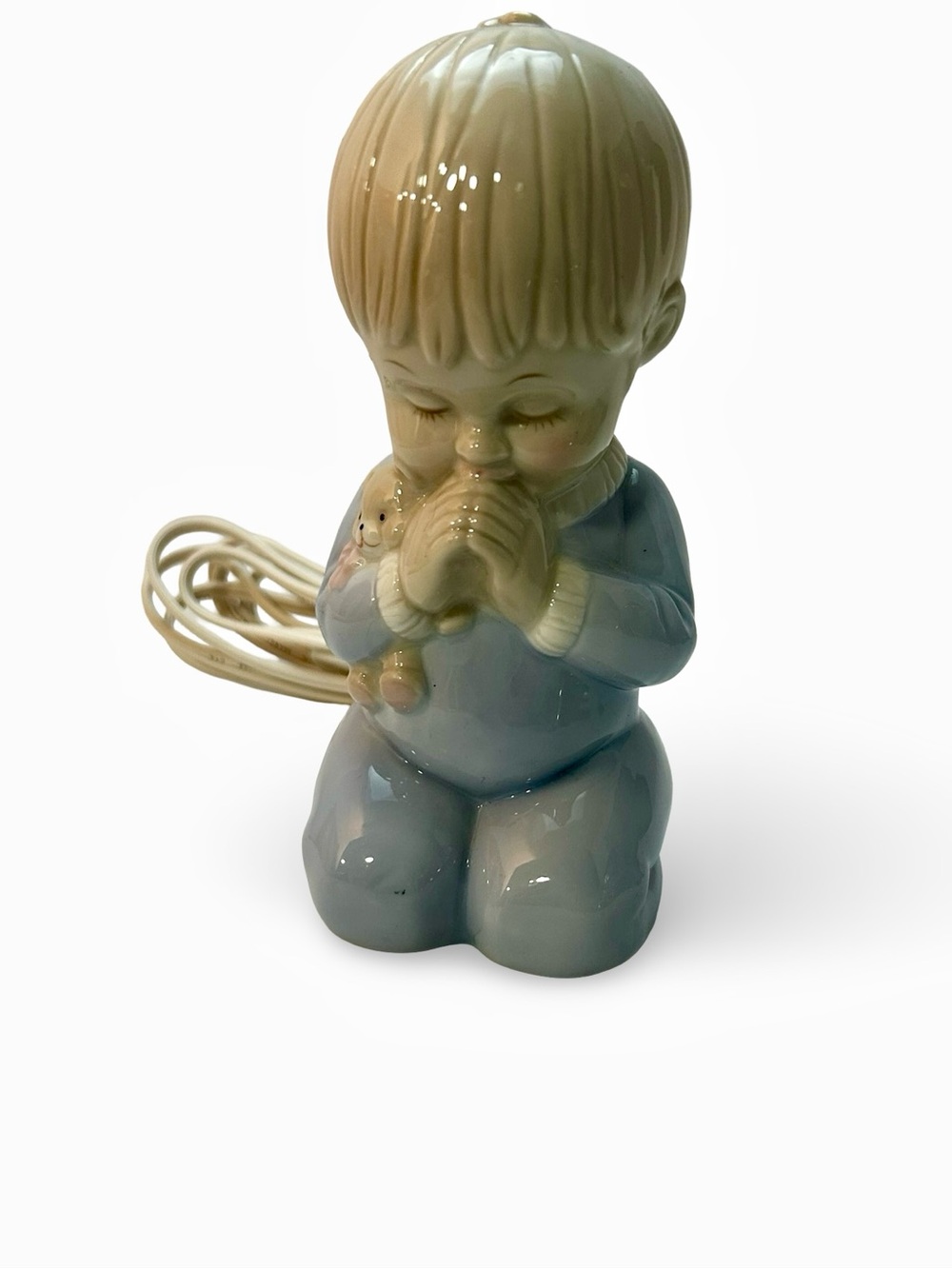 Vintage Enesco Blue Ceramic Praying Boy Figurine Night Light